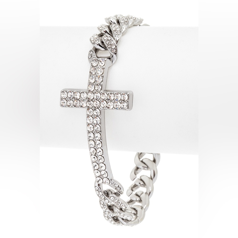 Silver Rhinestone Cross Cuban Chain Bracelet